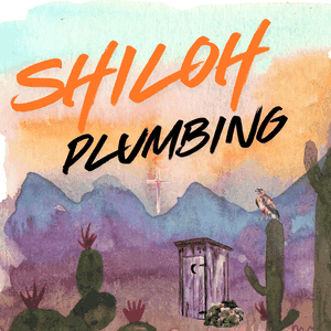 Shiloh Plumbing — watercolor desert logo with cactus and red-rock mountains
