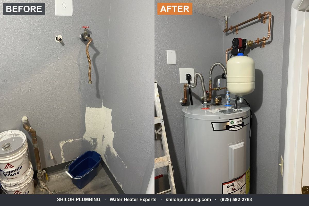 Before and after: aging tank water heater replaced with a clean new install and fresh copper piping