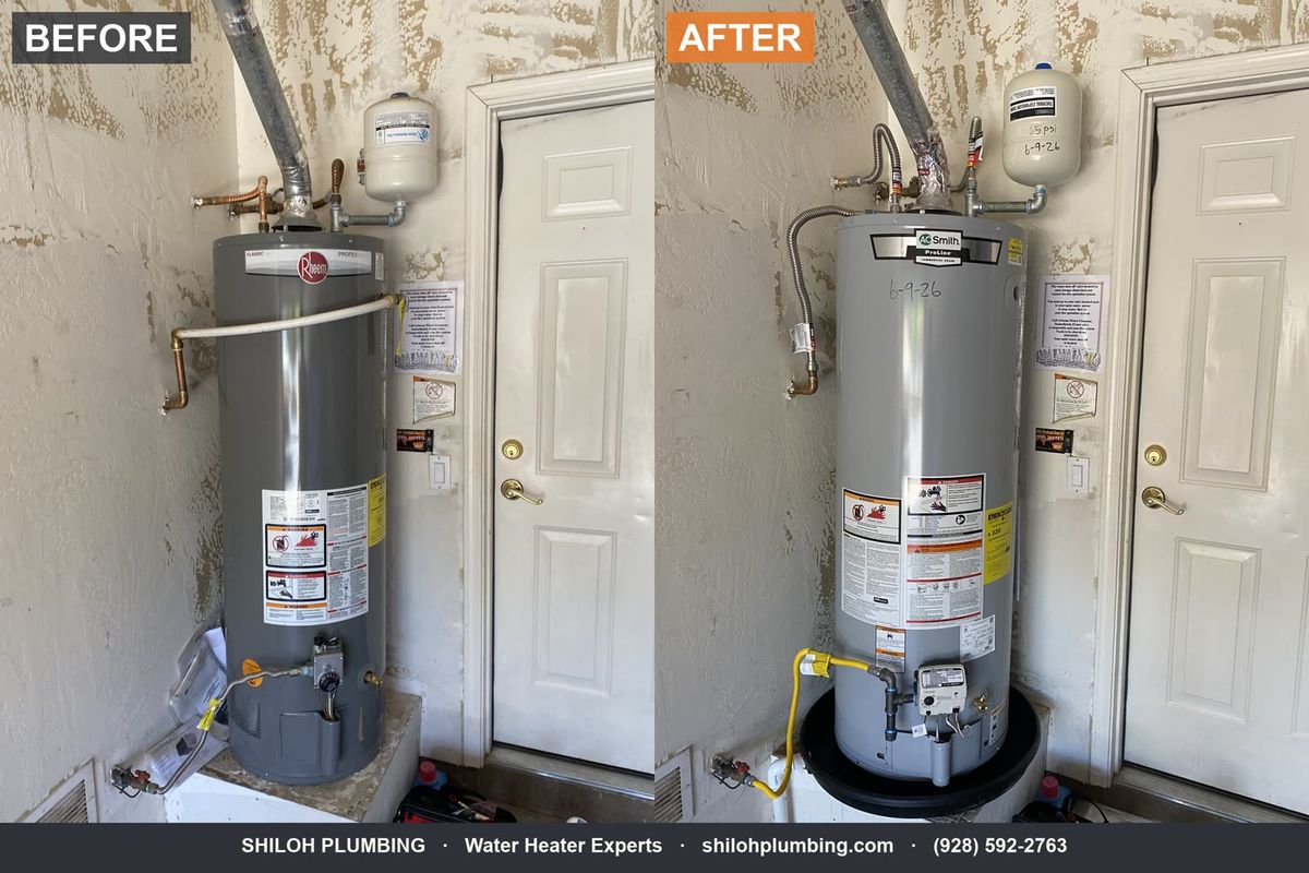 Before and after water heater replacement with new venting and expansion tank