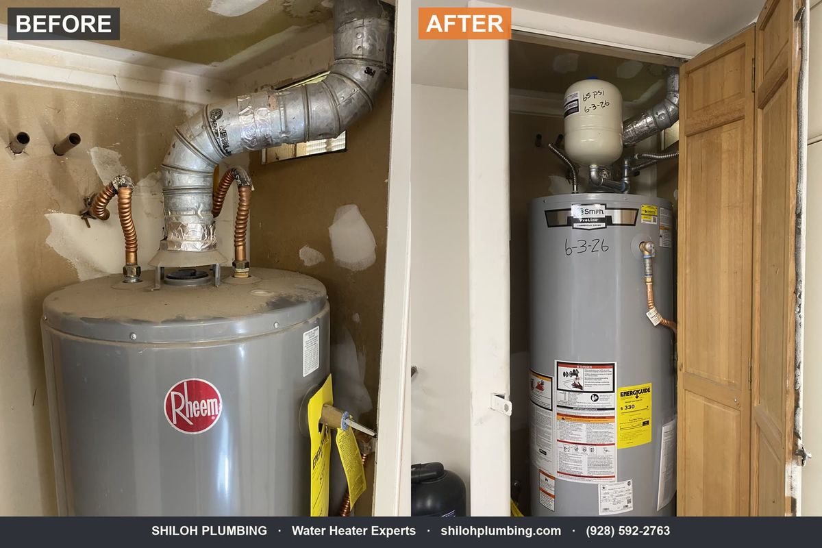Before and after gas water heater replacement, Rheem unit, Northern Arizona