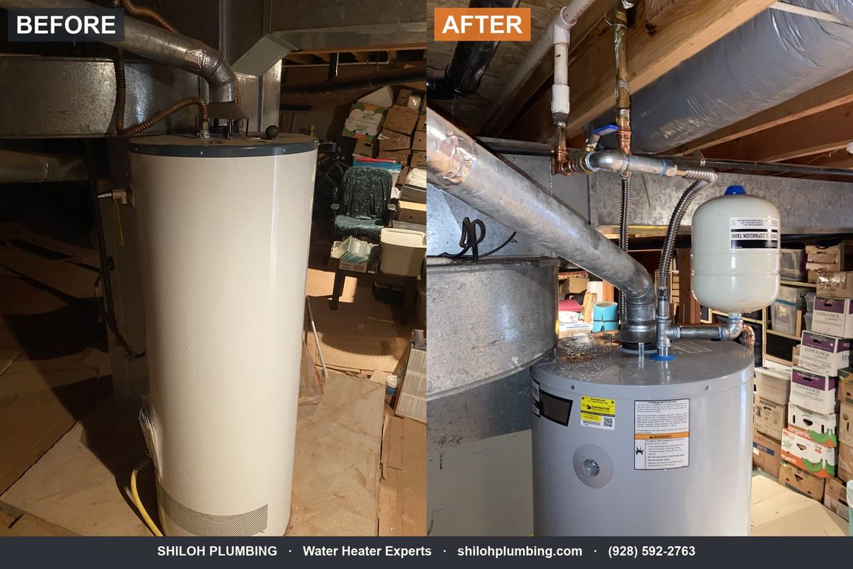 Before and after water heater replacement in a Northern Arizona garage